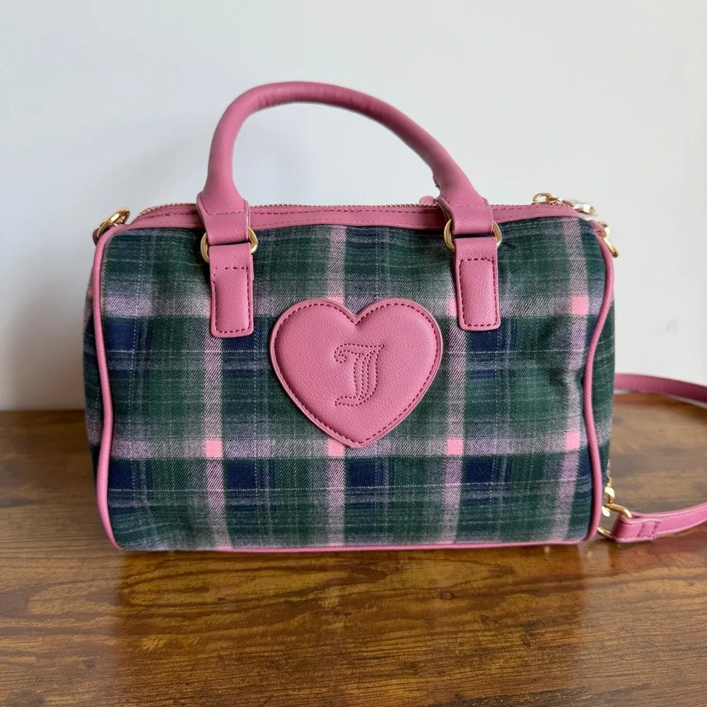 New Juicy Couture Varsity Plaid Satchel Pink Green Crossbody Handbag Scottie